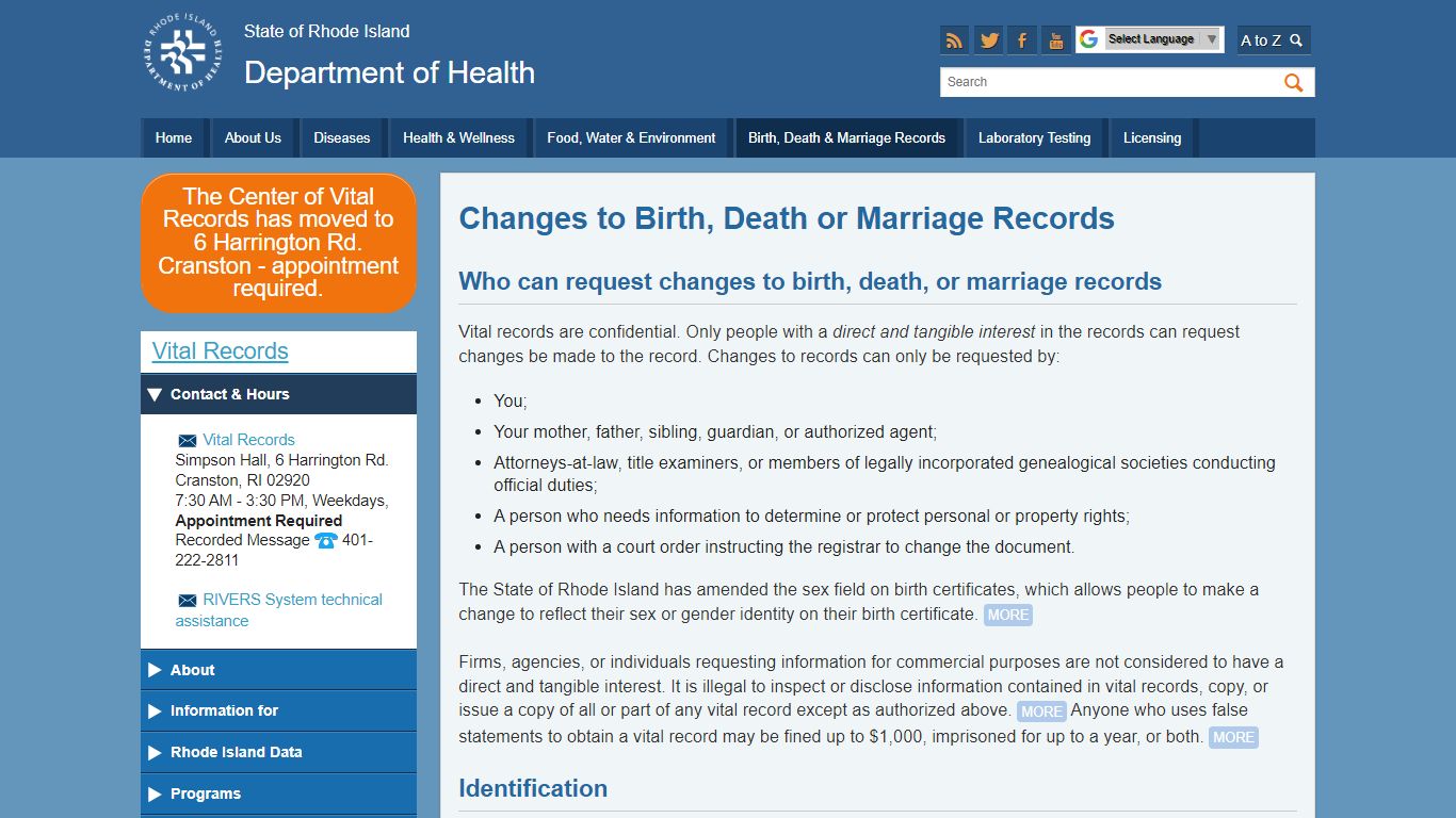 Changes to Birth, Death or Marriage Records - Rhode Island